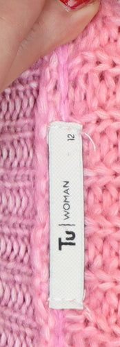 TU Women Pink Striped Chunky Knit Mock Neck Balloon Sleeve Jumper UK 12