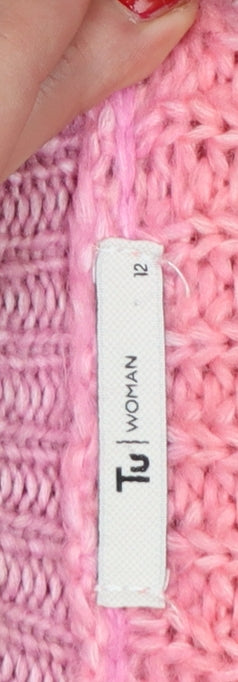 TU Women Pink Striped Chunky Knit Mock Neck Balloon Sleeve Jumper UK 12