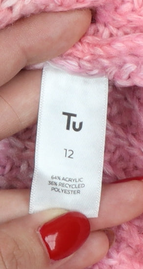 TU Women Pink Striped Chunky Knit Mock Neck Balloon Sleeve Jumper UK 12