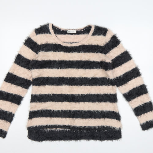 H&M Teens Black Beige Striped Fuzzy Knit Pullover Jumper Size 14
