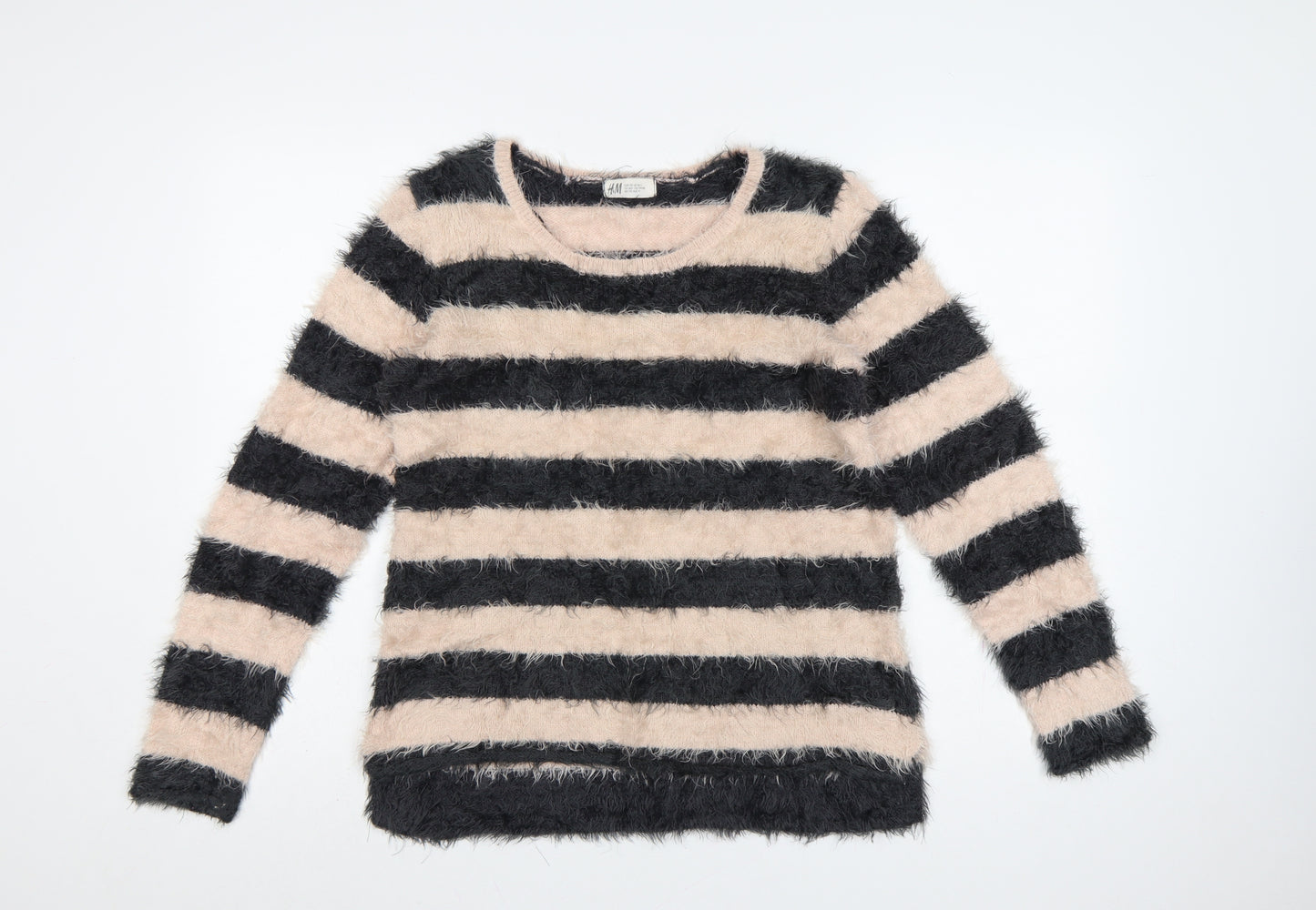H&M Teens Black Beige Striped Fuzzy Knit Pullover Jumper Size 14