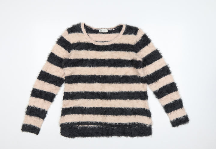 H&M Teens Black Beige Striped Fuzzy Knit Pullover Jumper Size 14