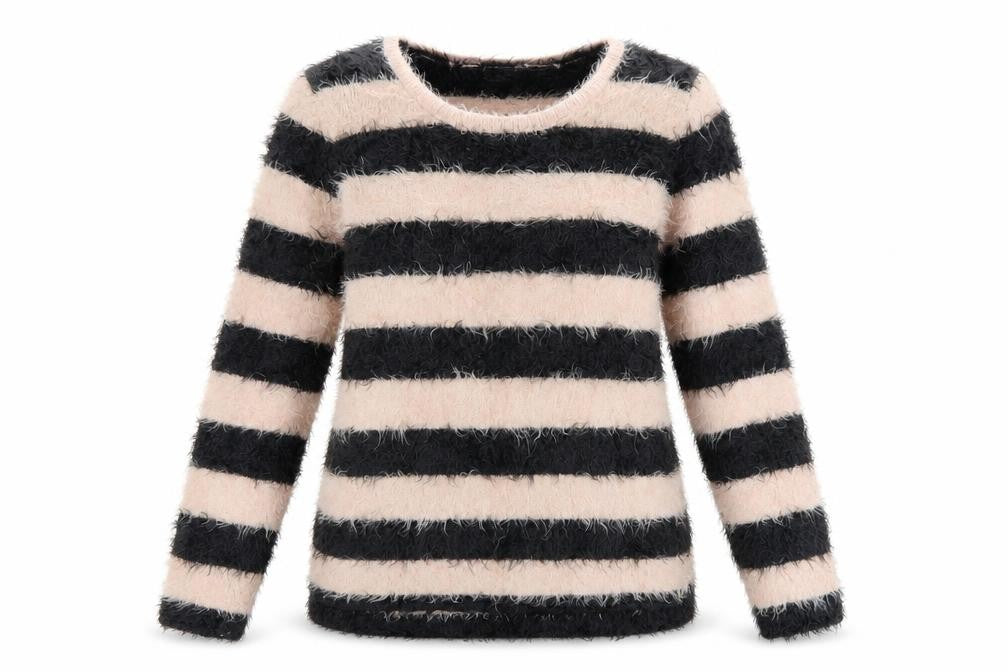 Front view of H&M Teens Black Beige Striped Fuzzy Knit jumper, size 14