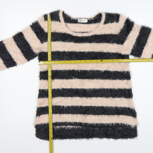 H&M Teens Black Beige Striped Fuzzy Knit Pullover Jumper Size 14