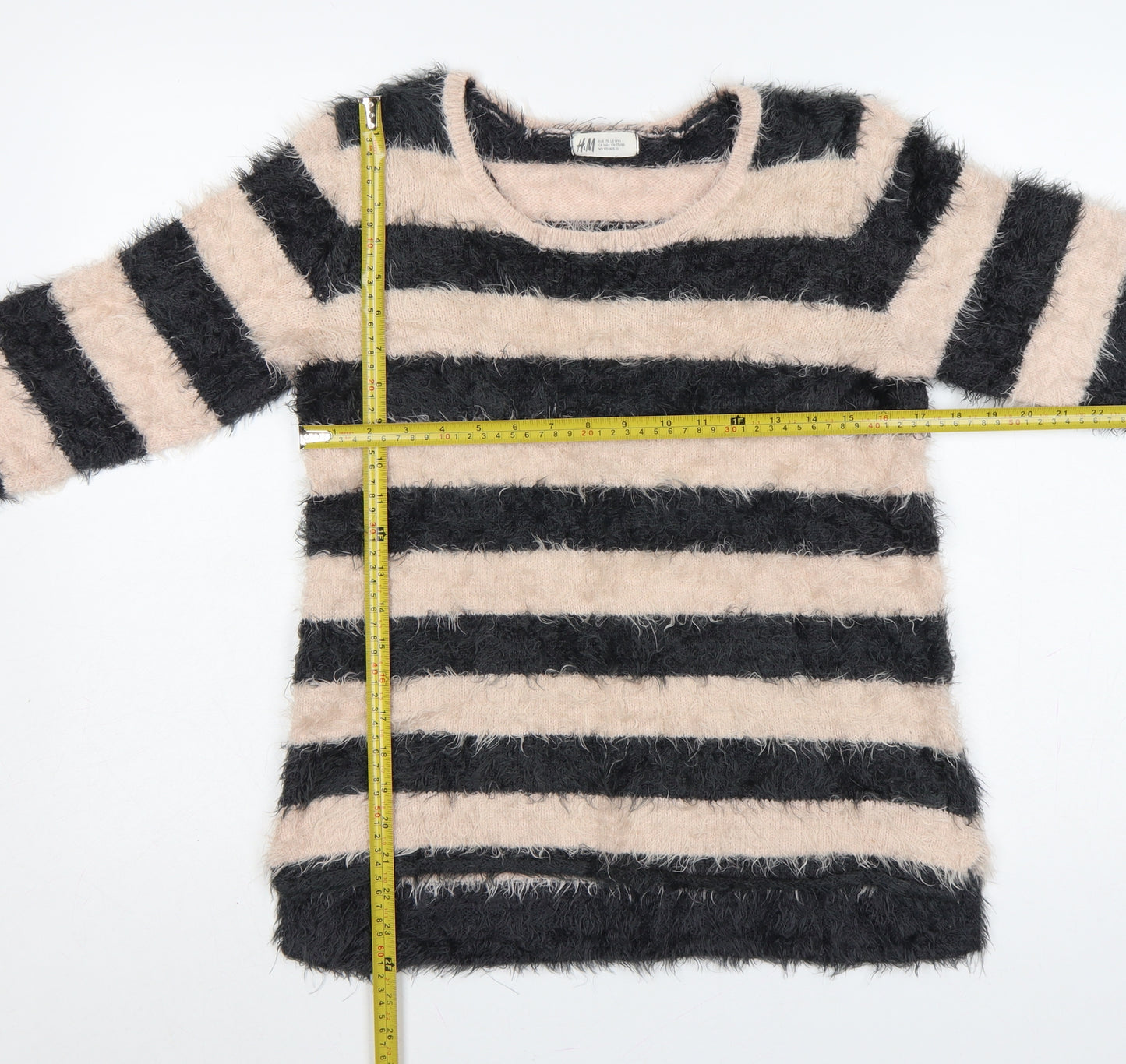 H&M Teens Black Beige Striped Fuzzy Knit Pullover Jumper Size 14