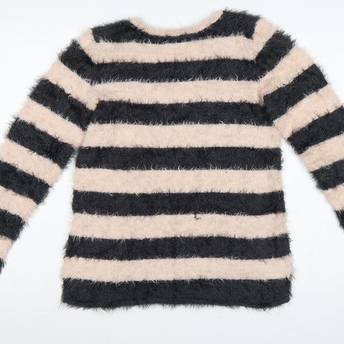 H&M Teens Black Beige Striped Fuzzy Knit Pullover Jumper Size 14