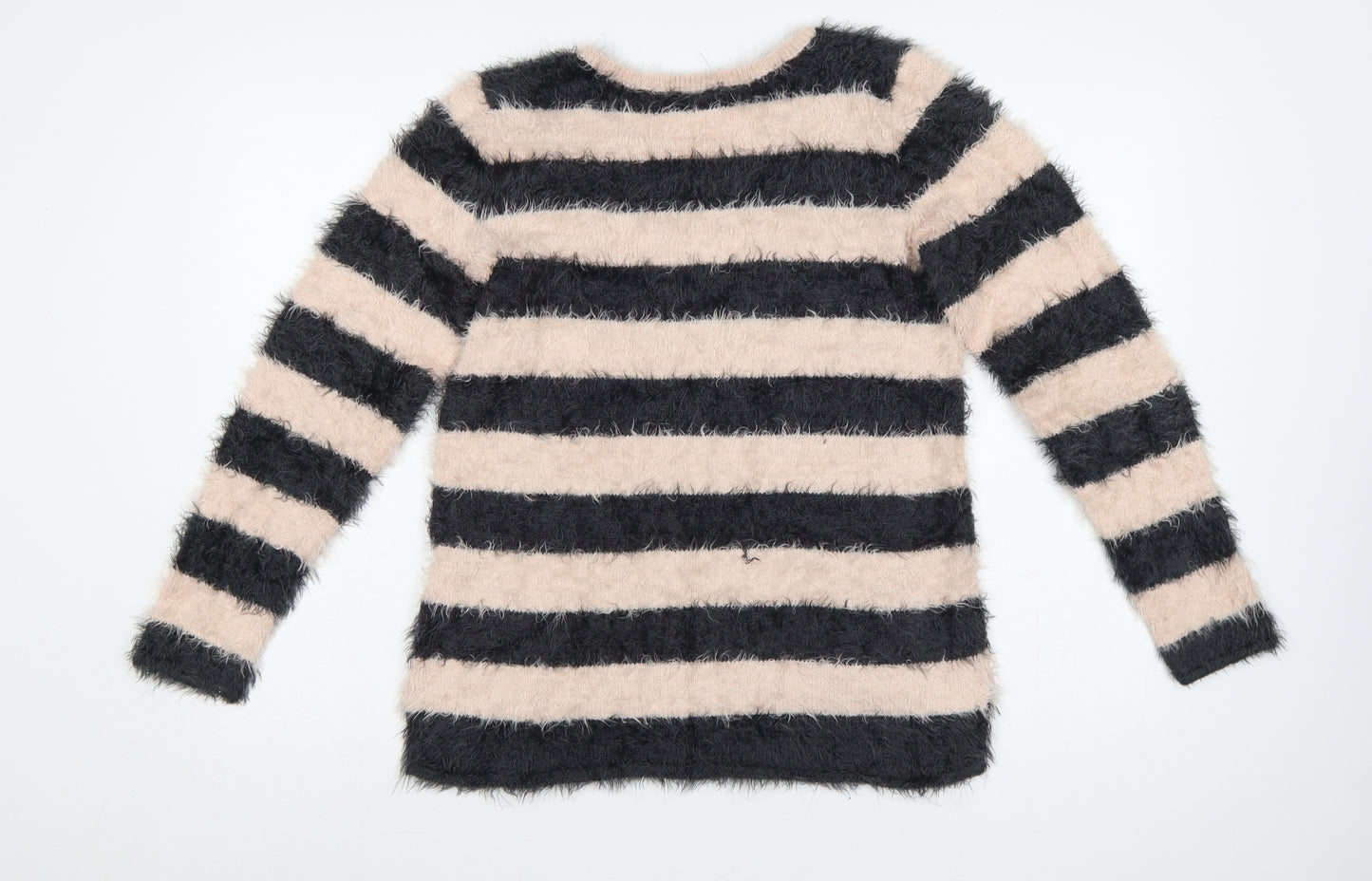 H&M Teens Black Beige Striped Fuzzy Knit Pullover Jumper Size 14