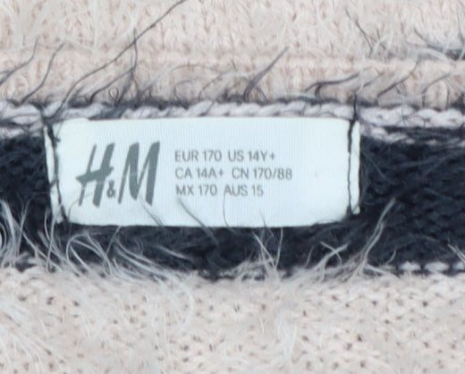 H&M Teens Black Beige Striped Fuzzy Knit Pullover Jumper Size 14