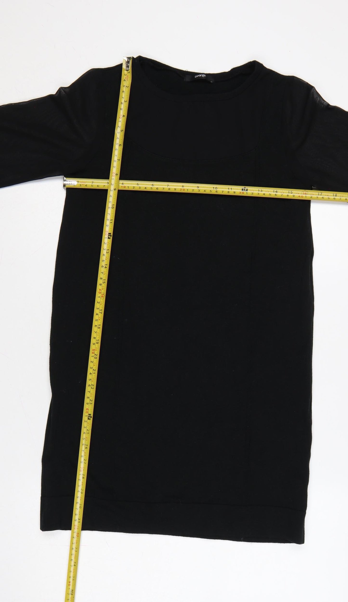 George Women Black UK 10 Bodycon Knee Dress Sheer Balloon Sleeves