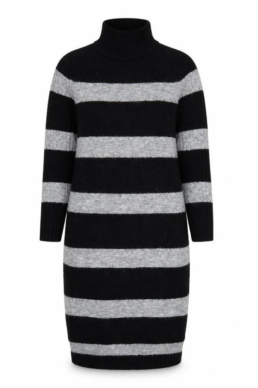 Front view of Next Women’s Black Grey Striped Roll Neck Long Knit Jumper Dress S