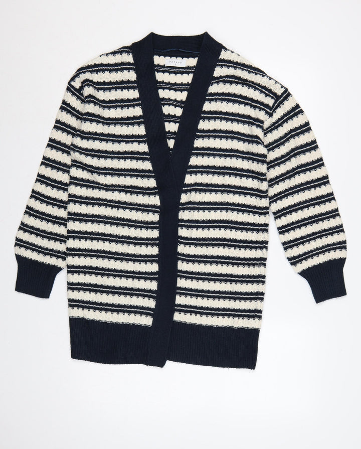 Papaya Women Navy Ivory Striped Open Knit Cardigan Small