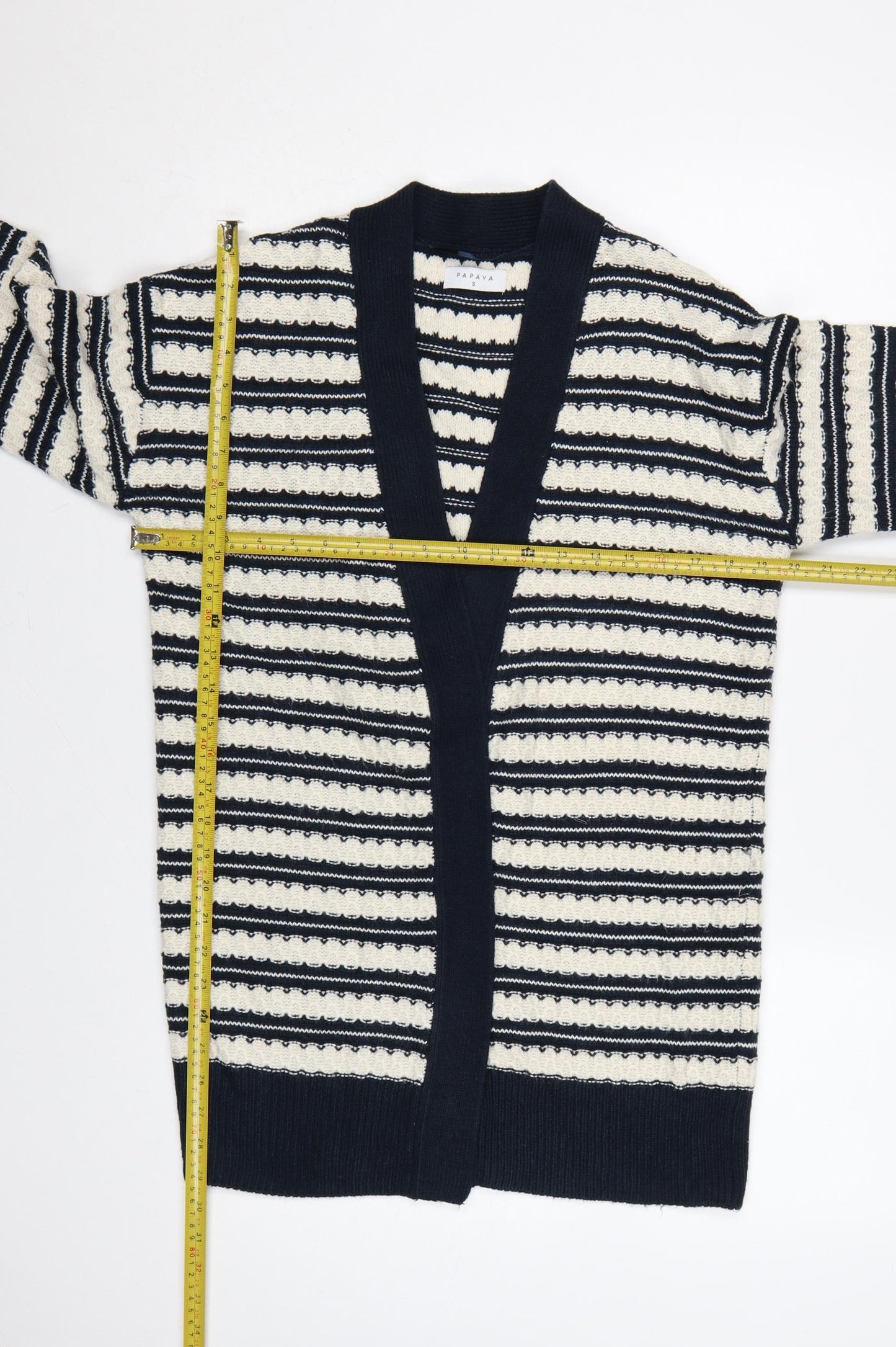 Papaya Women Navy Ivory Striped Open Knit Cardigan Small