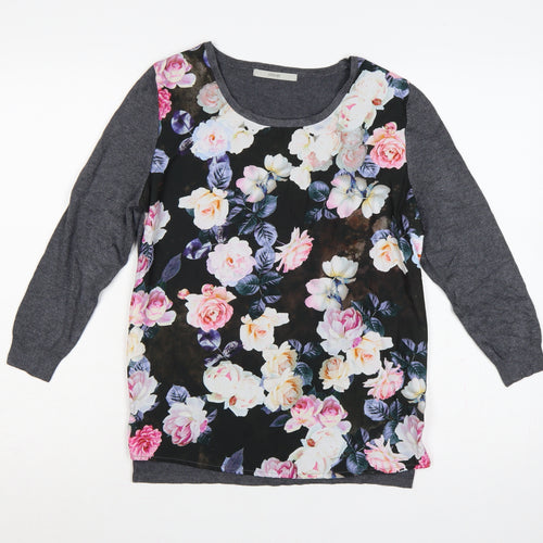 George Women’s Grey Floral Knit Jumper UK 18 Round Neck Long Sleeve