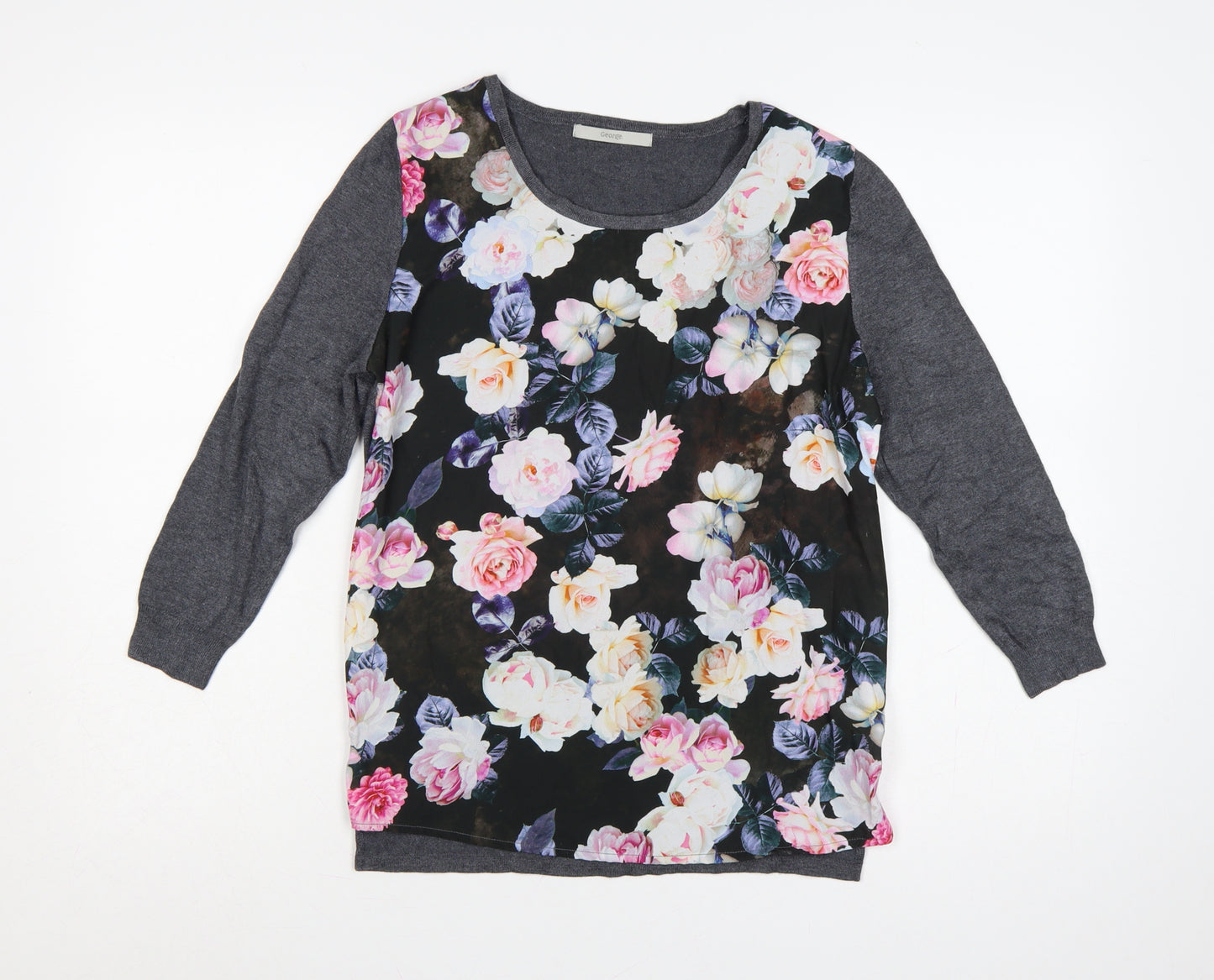 George Women’s Grey Floral Knit Jumper UK 18 Round Neck Long Sleeve
