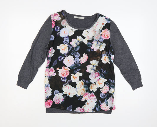 George Women’s Grey Floral Knit Jumper UK 18 Round Neck Long Sleeve
