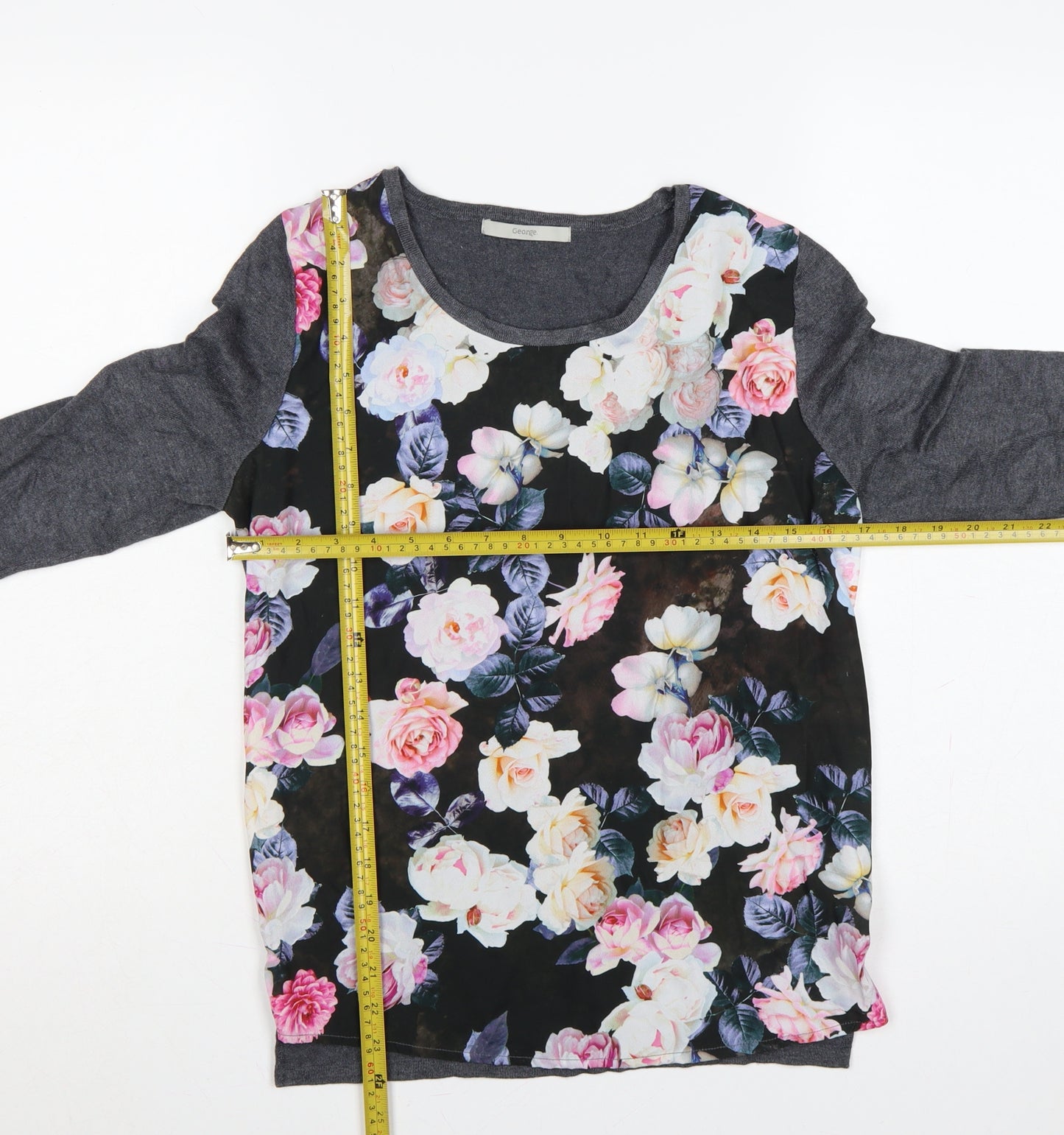 George Women’s Grey Floral Knit Jumper UK 18 Round Neck Long Sleeve