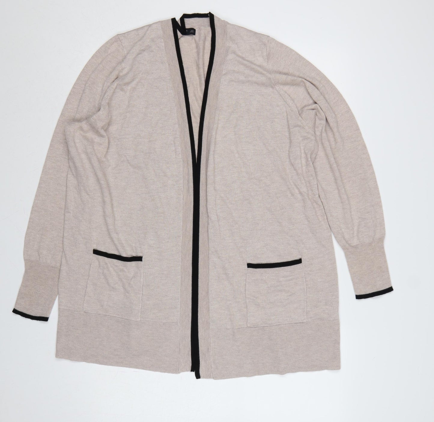 F&F Women’s Beige Black Trim Open Cardigan XL Knit Pockets