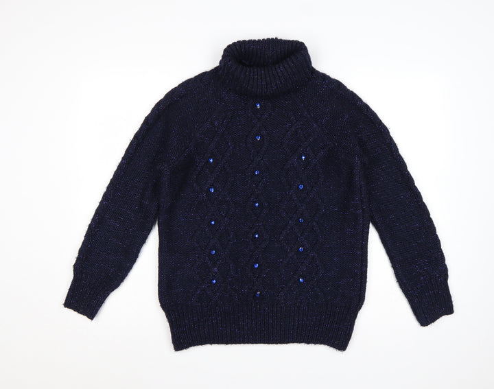 George Women’s Blue UK 12 Cable-Knit Roll Neck Embellished Jumper