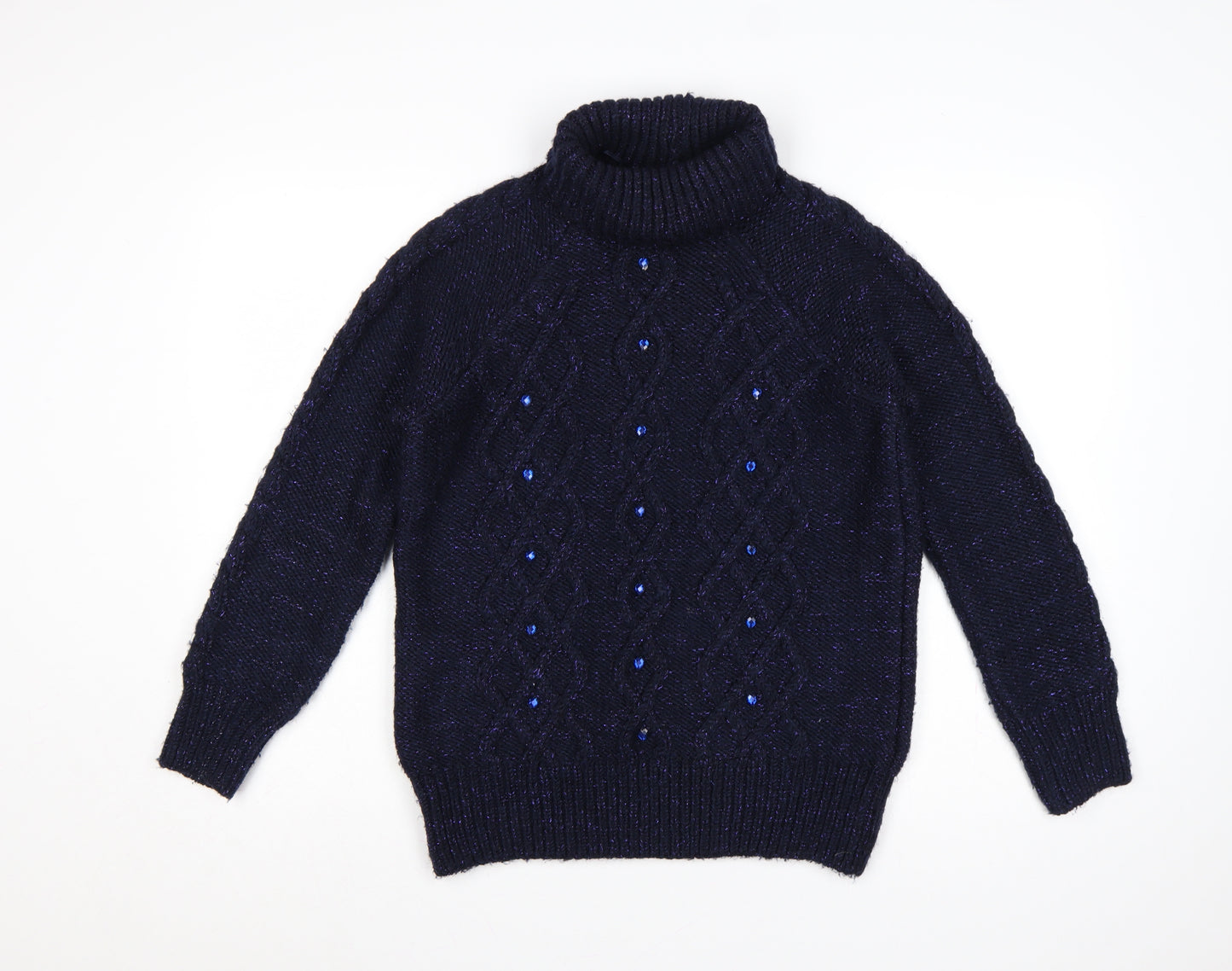 George Women’s Blue UK 12 Cable-Knit Roll Neck Embellished Jumper