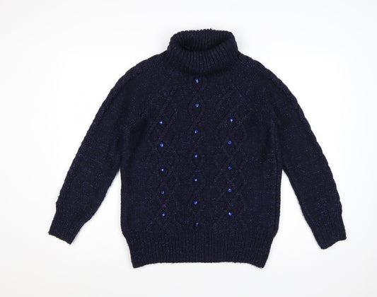 George Women’s Blue UK 12 Cable-Knit Roll Neck Embellished Jumper