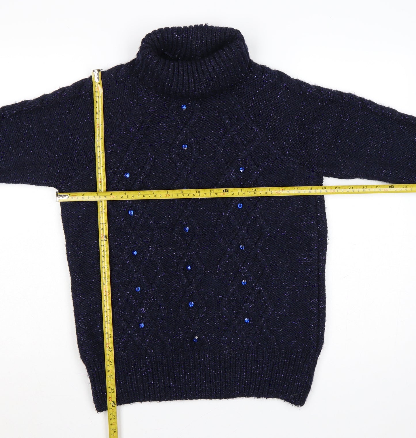George Women’s Blue UK 12 Cable-Knit Roll Neck Embellished Jumper