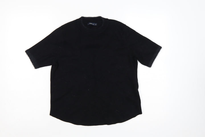 Zara Women Black M Short Sleeve Knit Mock Neck Pullover Jumper