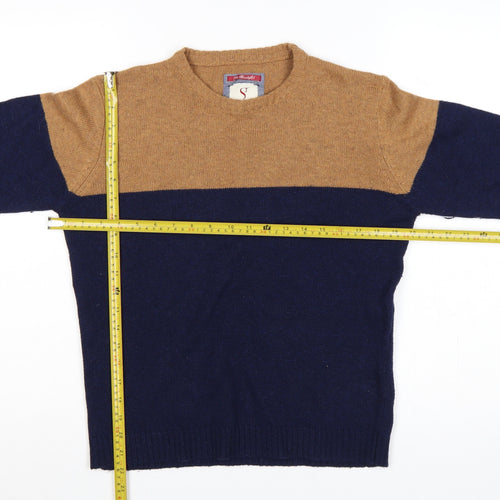Saint Jude Men’s Blue Camel Wool Blend Crew Neck Pullover Jumper S