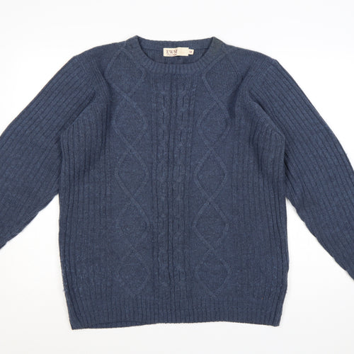 EWM Men’s Blue M Cable-Knit Wool Blend Crew Neck Pullover Jumper