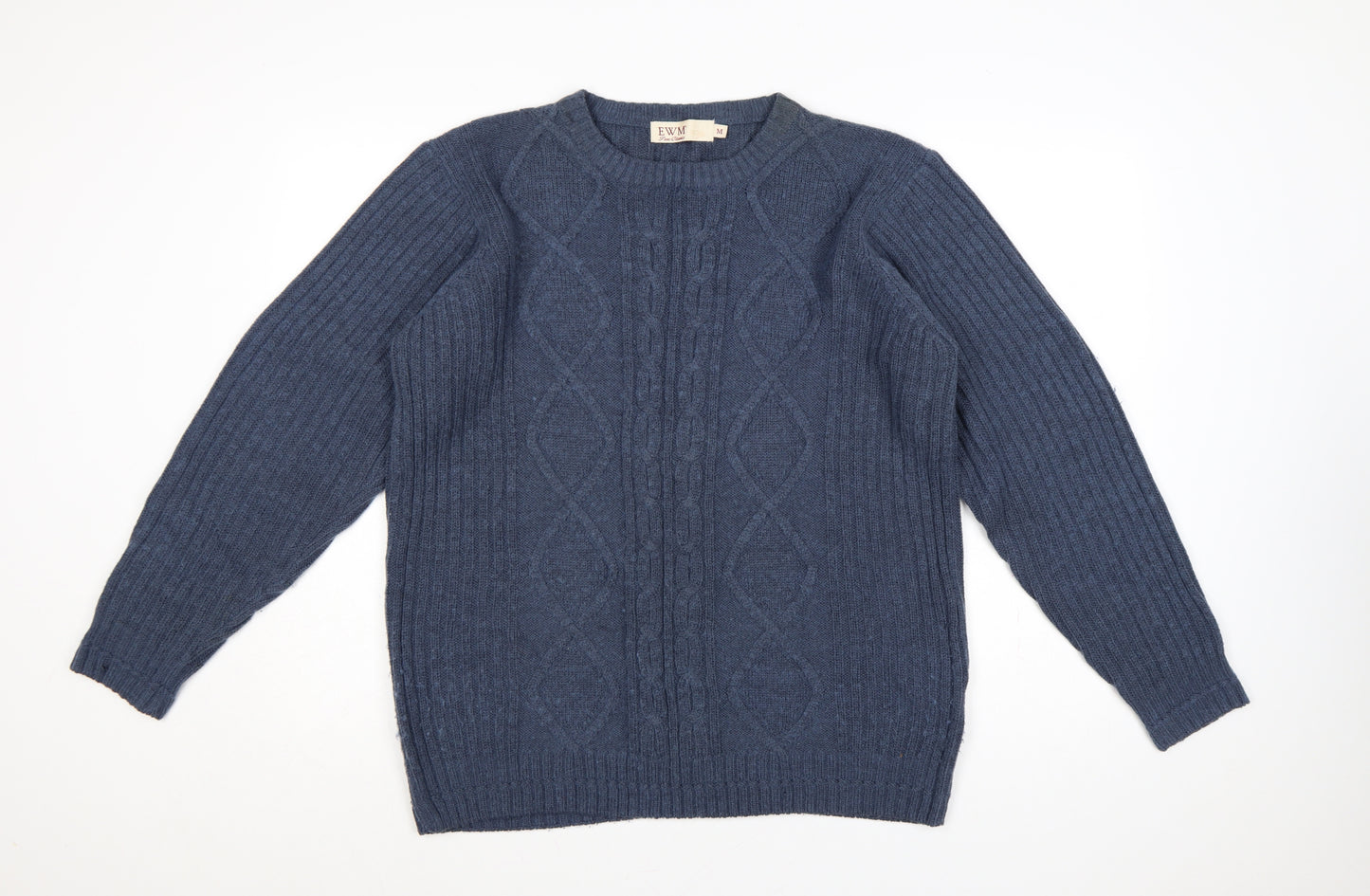 EWM Men’s Blue M Cable-Knit Wool Blend Crew Neck Pullover Jumper
