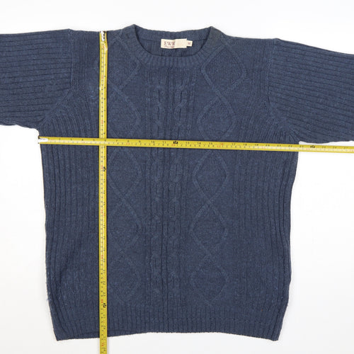 EWM Men’s Blue M Cable-Knit Wool Blend Crew Neck Pullover Jumper