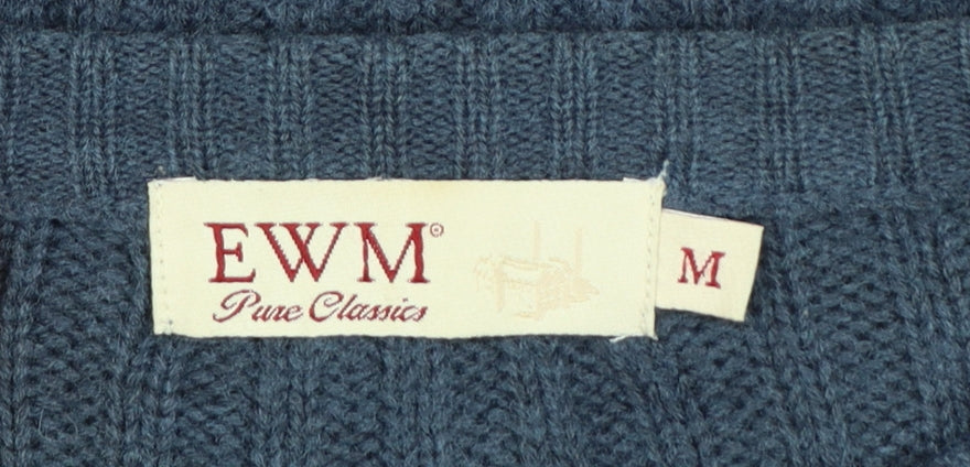 EWM Men’s Blue M Cable-Knit Wool Blend Crew Neck Pullover Jumper