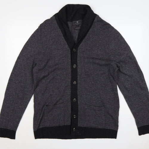 Marks and Spencer Men Grey Lambswool L Regular Fit Button Cardigan Pockets