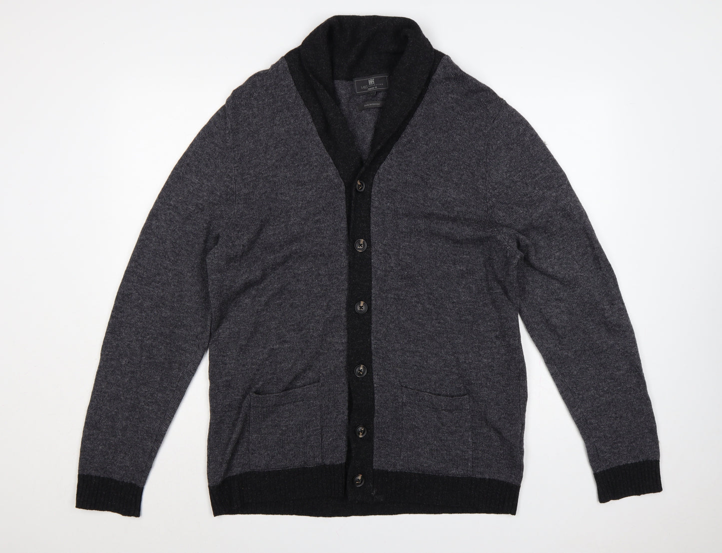 Marks and Spencer Men Grey Lambswool L Regular Fit Button Cardigan Pockets
