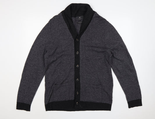 Marks and Spencer Men Grey Lambswool L Regular Fit Button Cardigan Pockets