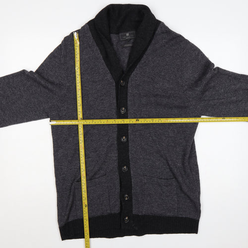 Marks and Spencer Men Grey Lambswool L Regular Fit Button Cardigan Pockets
