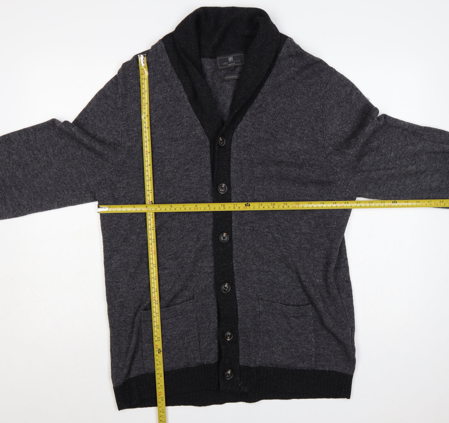 Marks and Spencer Men Grey Lambswool L Regular Fit Button Cardigan Pockets