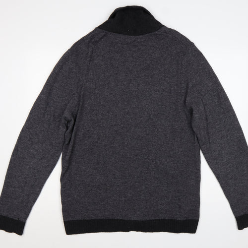 Marks and Spencer Men Grey Lambswool L Regular Fit Button Cardigan Pockets