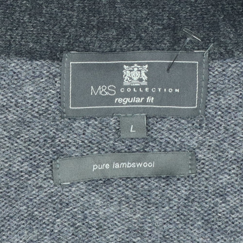 Marks and Spencer Men Grey Lambswool L Regular Fit Button Cardigan Pockets