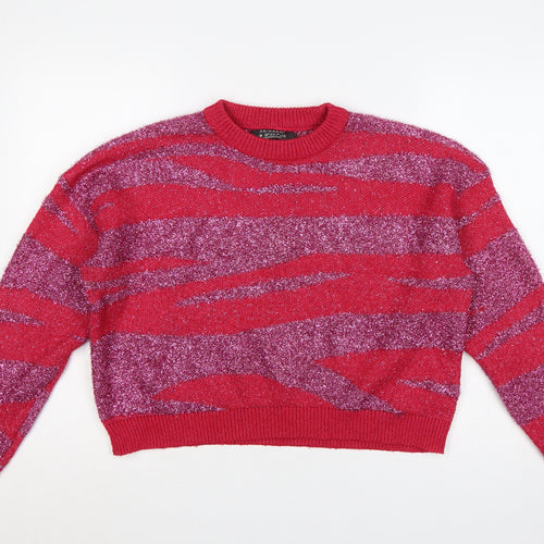 Primark Women Red Glitter Striped Knit Crew Neck Jumper UK 12