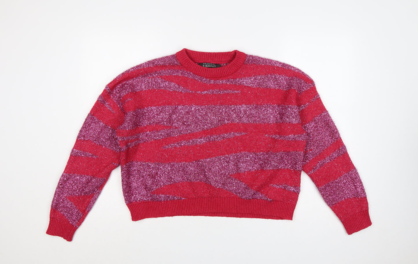Primark Women Red Glitter Striped Knit Crew Neck Jumper UK 12