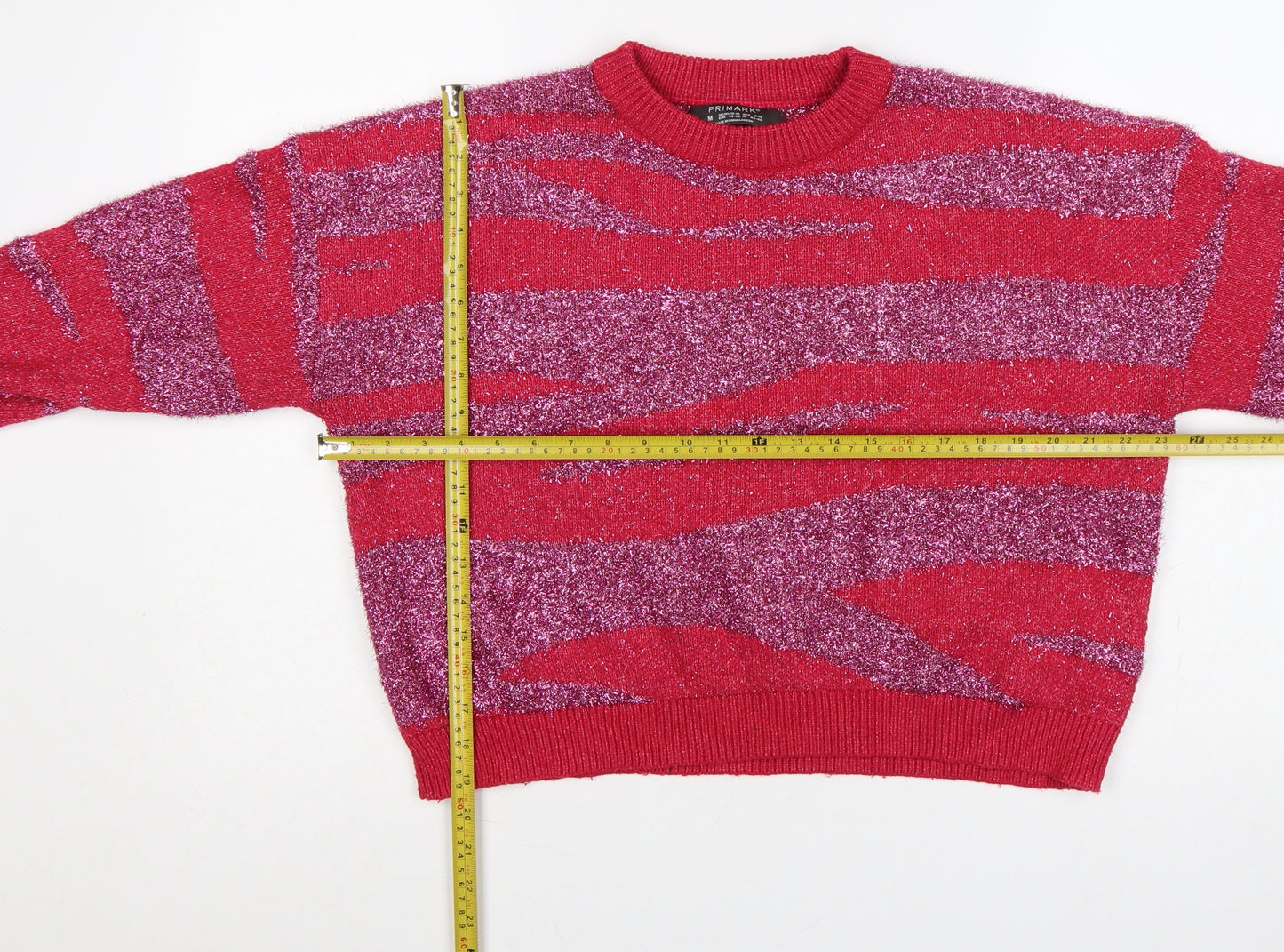 Primark Women Red Glitter Striped Knit Crew Neck Jumper UK 12