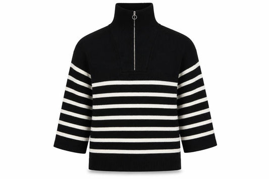 In The Style Women Black White Striped Half Zip High Neck Jumper UK 14