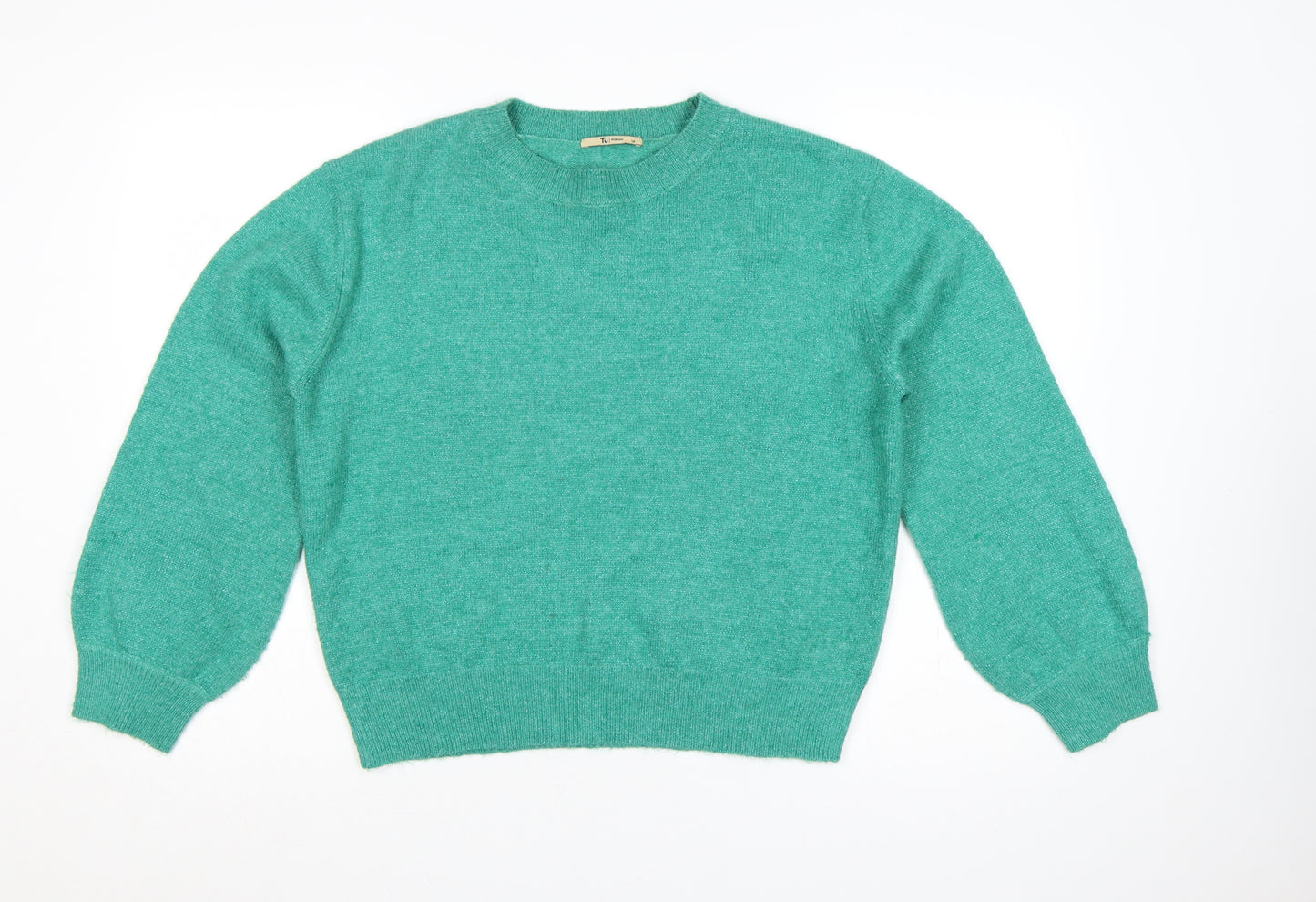 TU Women Green Glitter Knit Crew Neck Jumper UK 14 Long Sleeve