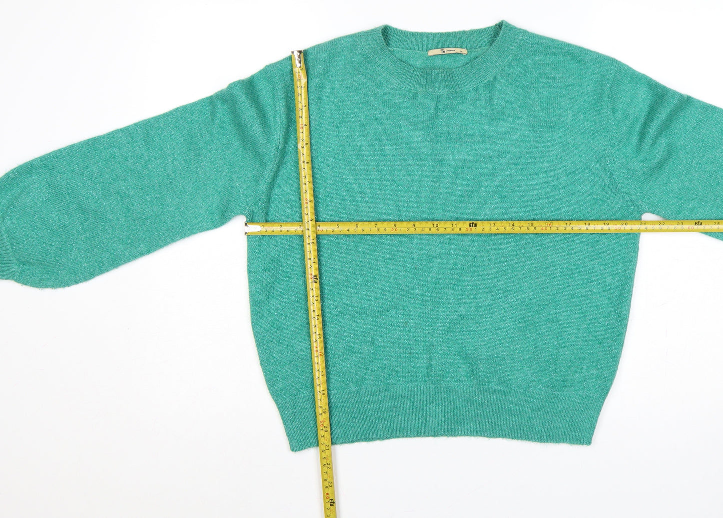TU Women Green Glitter Knit Crew Neck Jumper UK 14 Long Sleeve