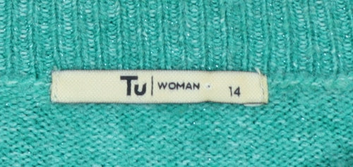TU Women Green Glitter Knit Crew Neck Jumper UK 14 Long Sleeve