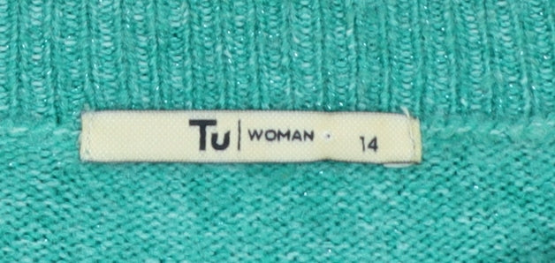 TU Women Green Glitter Knit Crew Neck Jumper UK 14 Long Sleeve