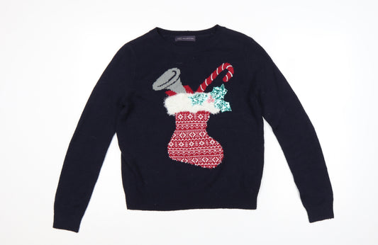 Marks and Spencer Women Blue UK 10 Christmas Stocking Sequin Knit Jumper