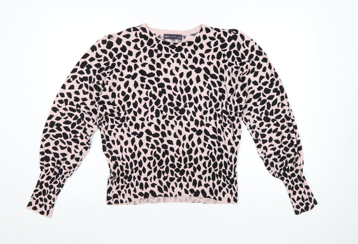 Marks & Spencer Women Pink Leopard Print Knit Jumper UK 16 Crew Neck