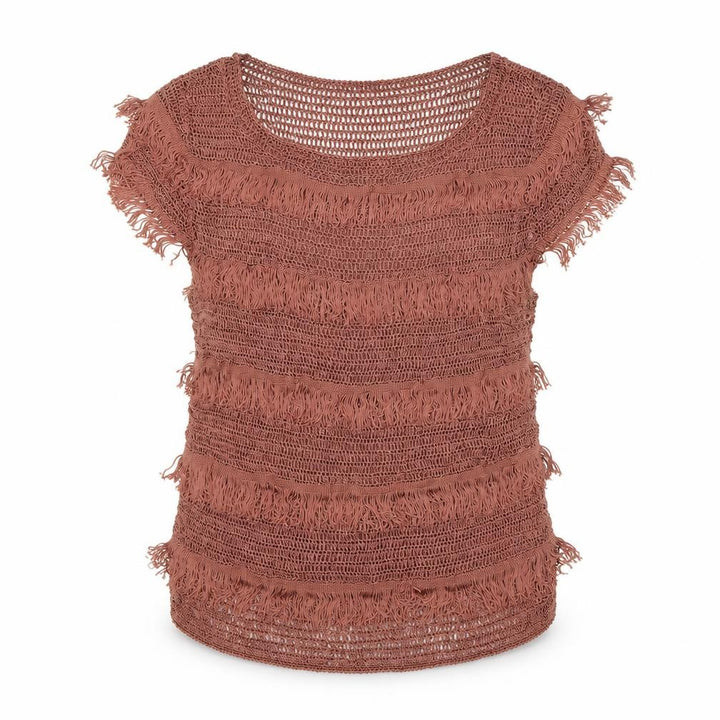 Topshop Women Brown Crochet Fringe Boho T-Shirt UK 12