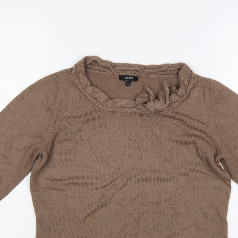 Papaya Women’s Brown Ruffle Neck 3/4 Sleeve Knit Jumper Size 12